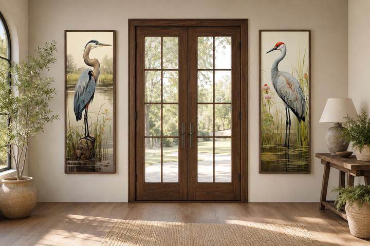 Set of 2 tall vertical canvas prints featuring a blue heron and a sandhill crane in marsh settings.