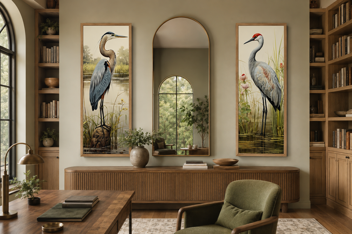 Set of 2 vertical canvas prints featuring a blue heron and a sandhill crane in marsh settings.