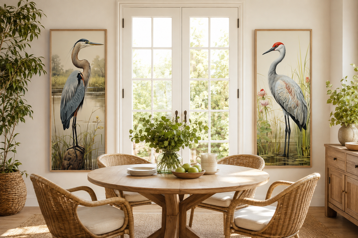 Set of 2 tall vertical canvas prints featuring a blue heron and a sandhill crane in marsh settings.