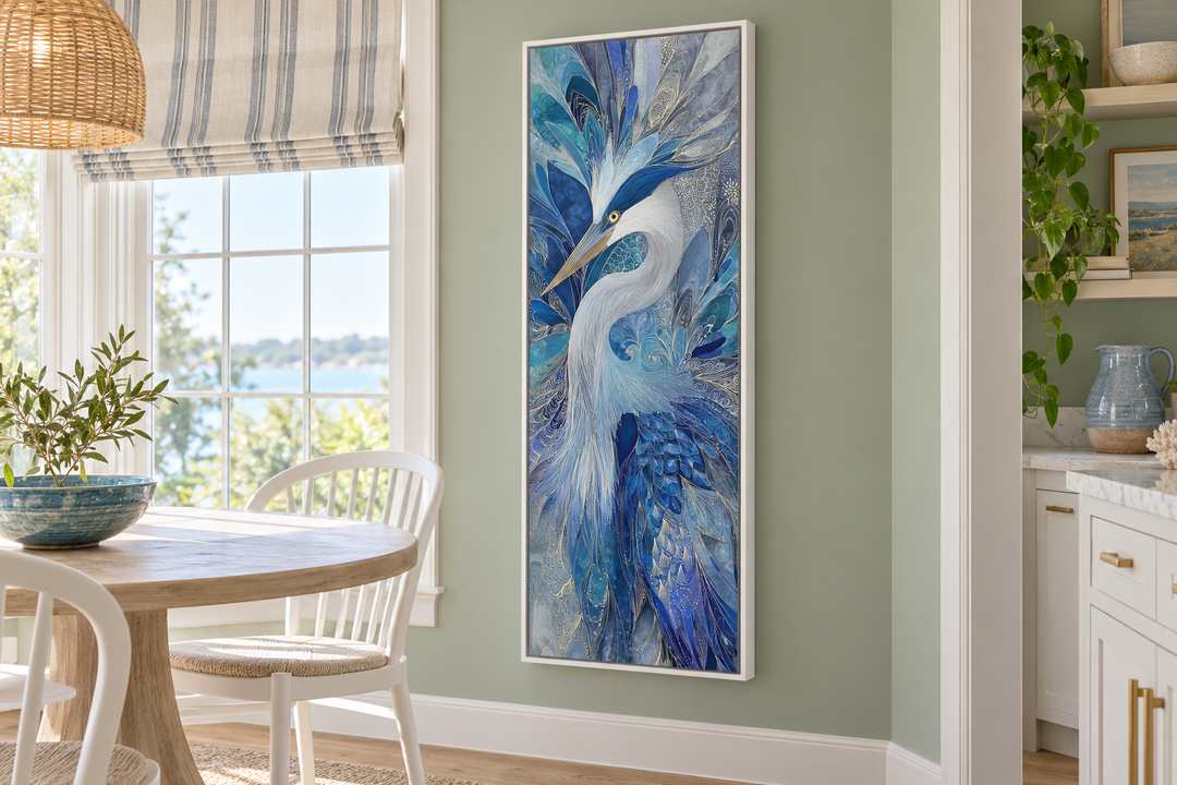 Vertical canvas print of an elegant blue heron with abstract textures in a coastal dining room.