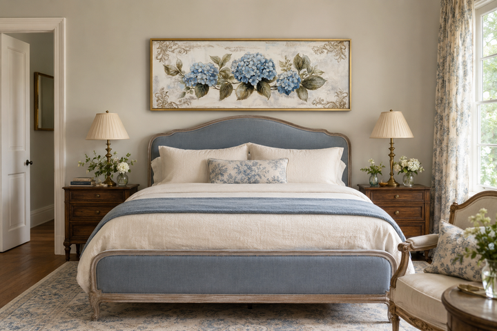 Blue hydrangea horizontal canvas wall art above a blue upholstered bed in a shabby chic bedroom.