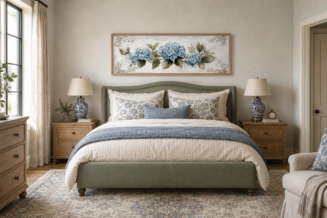 Long horizontal canvas wall art of blue hydrangeas in a shabby chic bedroom above a green bed.