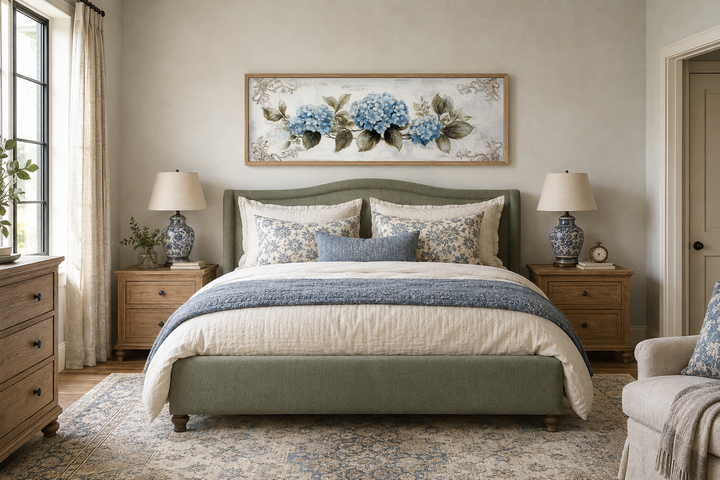 Long horizontal canvas wall art of blue hydrangeas in a shabby chic bedroom above a green bed.