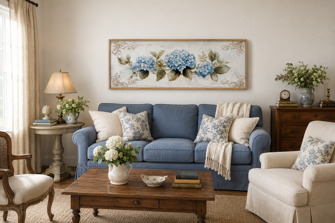 Long horizontal canvas art of blue hydrangeas above a blue sofa in a shabby chic living room.