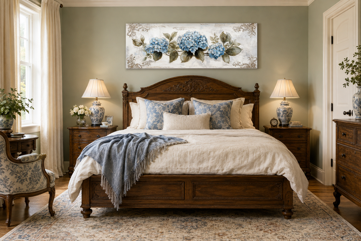 Shabby chic blue hydrangea horizontal canvas wall art hanging above a dark wood bed.