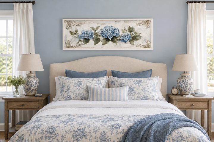 Long horizontal canvas wall art of blue hydrangeas hanging above a bed with blue floral bedding.