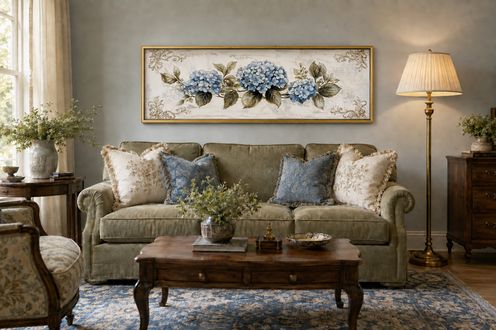 Shabby chic blue hydrangea long horizontal canvas wall art in a gold frame above a green sofa.