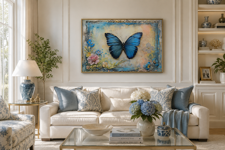 Blue Monarch Butterfly Vintage Framed Canvas Wall Art above a white sofa in a living room.