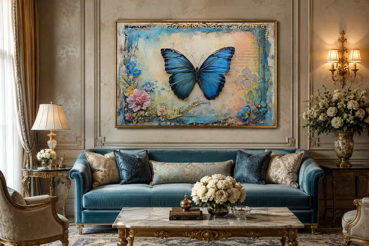 Blue Monarch Butterfly vintage framed canvas wall art above a blue velvet sofa in a living room.