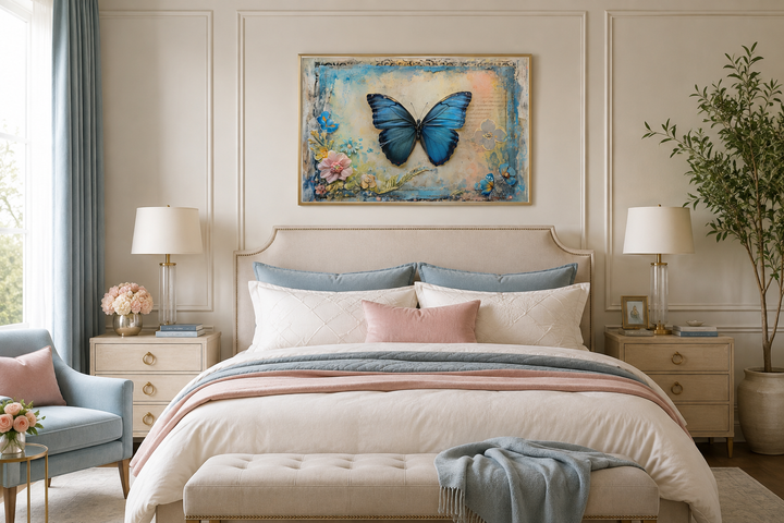 Blue Monarch Butterfly Vintage Framed Canvas Wall Art hanging above a bed in a bedroom.
