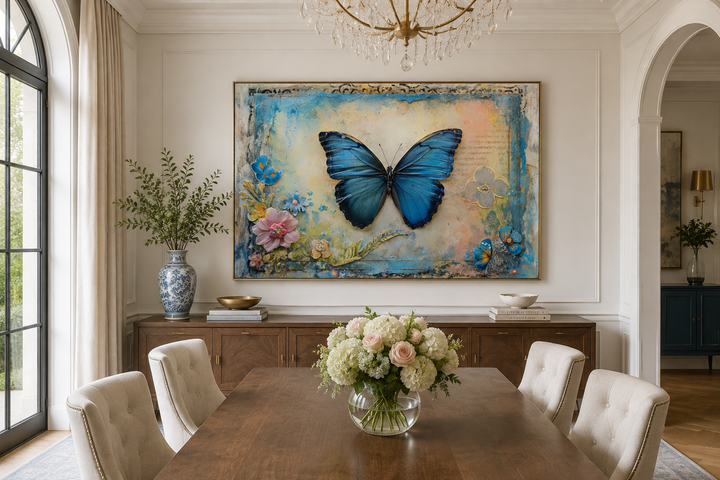 Blue Monarch Butterfly vintage framed canvas wall art above a wooden sideboard in a dining room.
