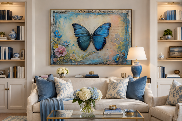Blue Monarch Butterfly vintage framed canvas wall art above a sofa in a living room.