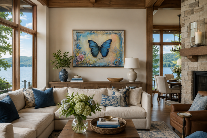 Blue Monarch Butterfly Vintage Framed Canvas Wall Art hanging in a rustic living room.
