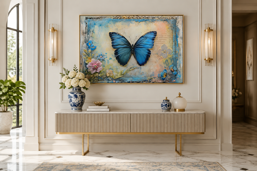 Blue Monarch Butterfly vintage framed canvas wall art with floral accents on a distressed background