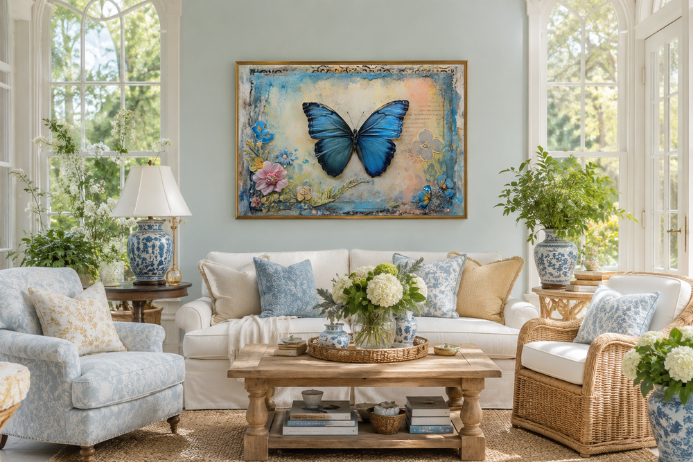 Blue Monarch Butterfly Vintage Framed Canvas Wall Art hanging above a white sofa in a living room.