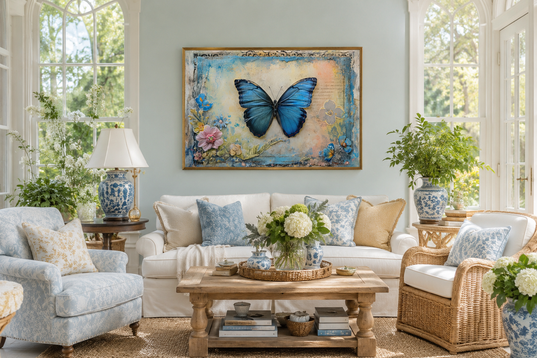 Blue Monarch Butterfly Vintage Framed Canvas Wall Art hanging above a white sofa in a living room.
