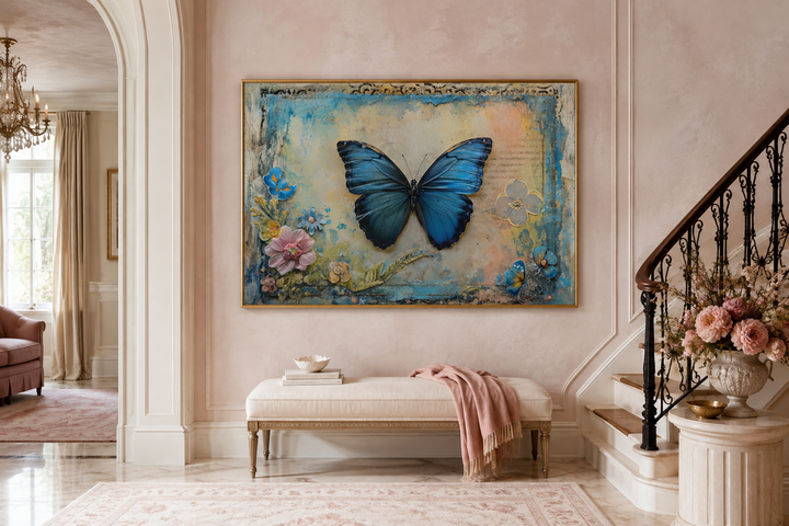 Blue Monarch Butterfly vintage framed canvas wall art in a rustic, floral-accented design.