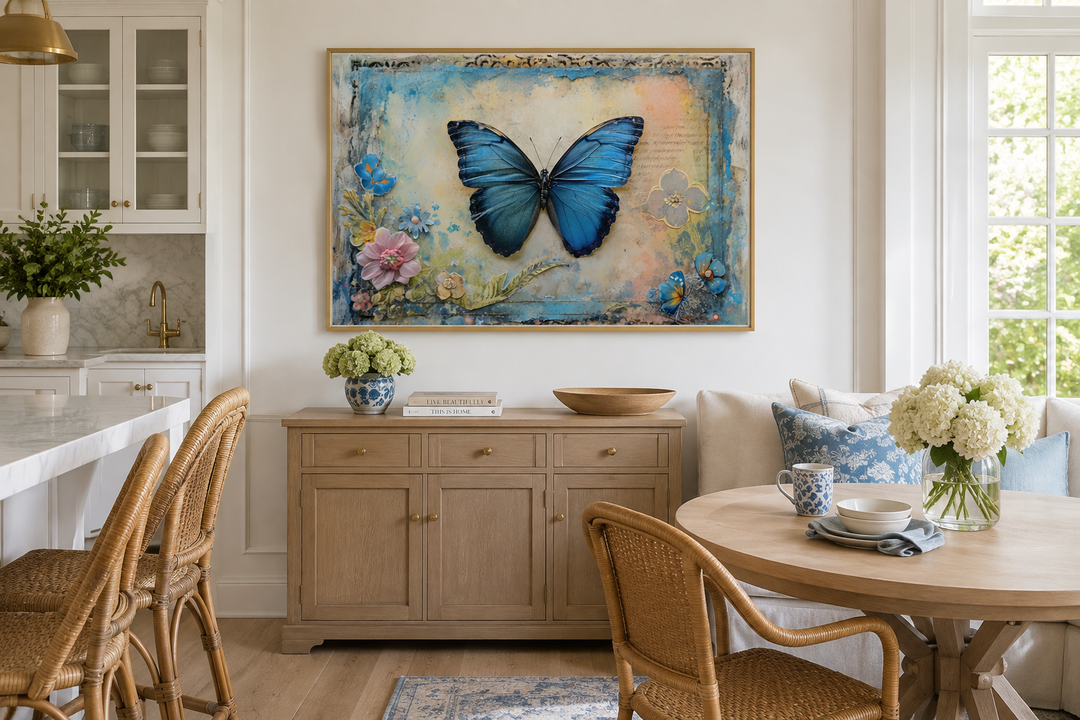 Blue Monarch Butterfly Vintage Framed Canvas Wall Art in a rustic gold frame above a wooden buffet.