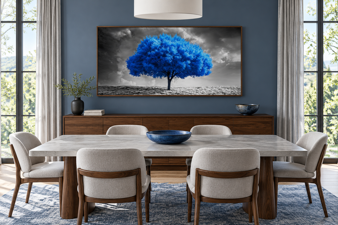 Blue tree on black and white background framed canvas wall art in a modern dining room.