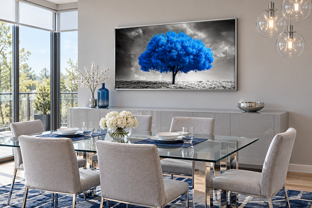 Blue Tree on Black White Background Framed Canvas Wall Art in a modern dining room setting.