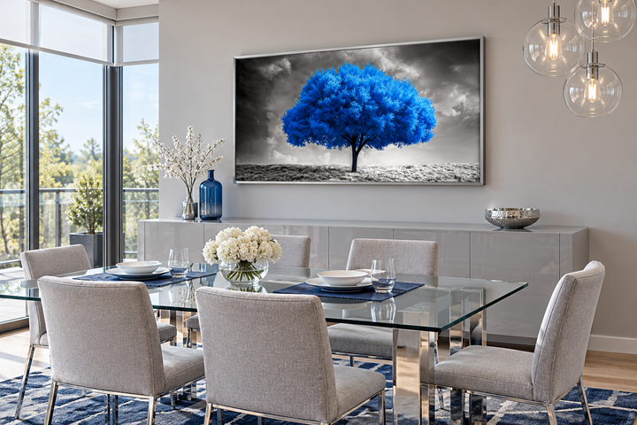 Blue Tree on Black White Background Framed Canvas Wall Art in a modern dining room setting.