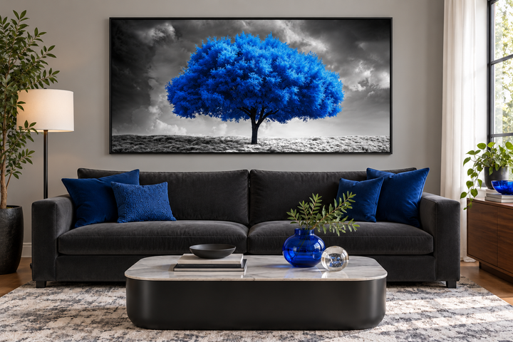Blue Tree on Black White Background Framed Canvas Wall Art above a modern sofa in a living room.