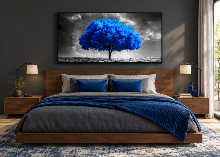 Blue Tree on Black White Background Framed Canvas Wall Art hanging above a modern wooden bed.