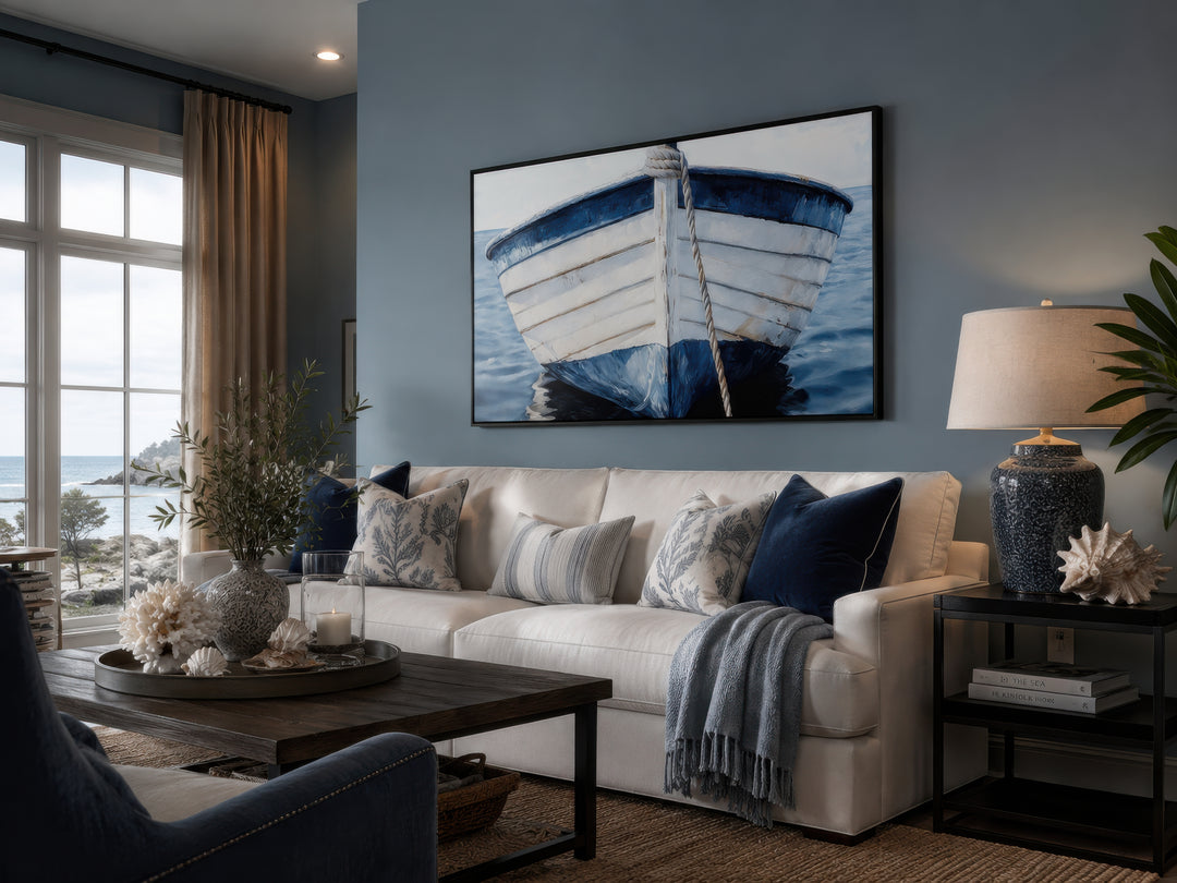 Rustic blue and white boat canvas wall art in a coastal living room above a white sofa.