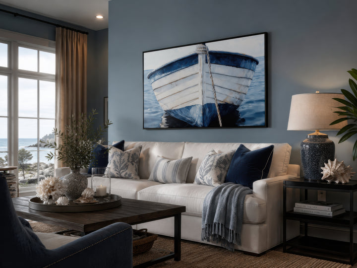 Rustic blue and white boat canvas wall art in a coastal living room above a white sofa.