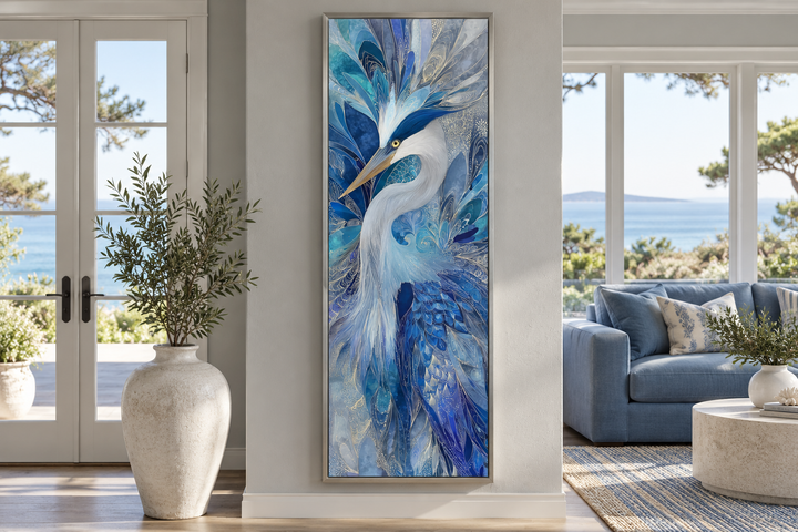Vertical canvas print of an elegant blue heron with abstract painterly textures in a modern room.