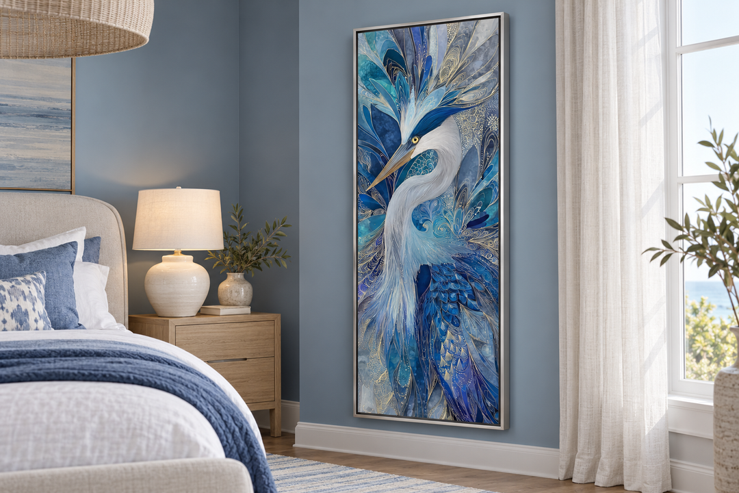 Vertical canvas print of an elegant blue heron with abstract textures in a modern bedroom setting.