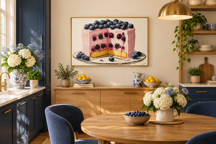 Blueberry Cake Framed Canvas Wall Art featuring a pink frosted cake with fresh blueberries.