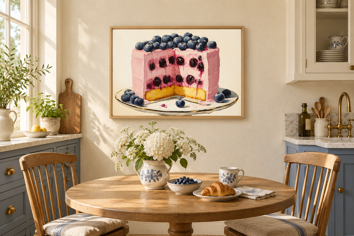Framed canvas art of a blueberry cake slice with pink frosting on a stand against a soft background.