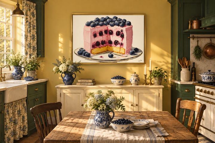 Framed canvas wall art of a pink frosted blueberry cake in a rustic yellow kitchen setting.