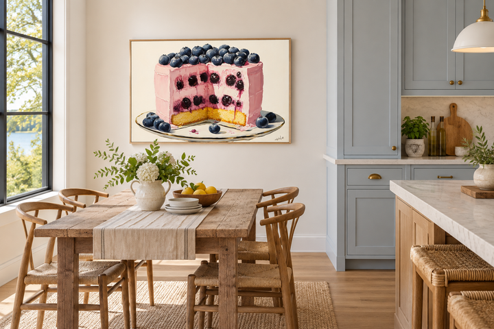Blueberry Cake Framed Canvas Wall Art hanging in a modern dining room above a wooden table.
