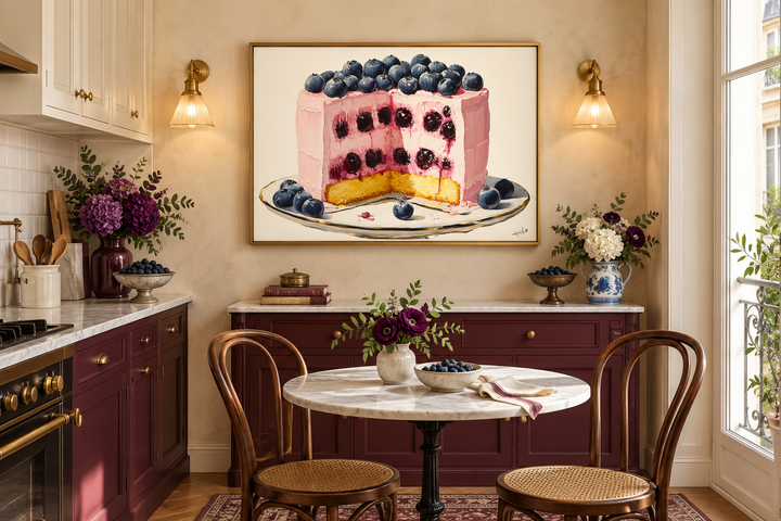 Blueberry Cake Framed Canvas Wall Art featuring a pink frosted cake with blueberries in a kitchen.