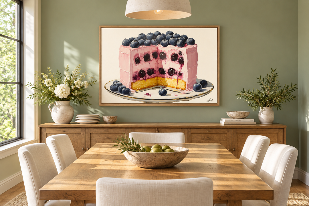 Blueberry Cake Framed Canvas Wall Art in a modern dining room above a wooden sideboard.