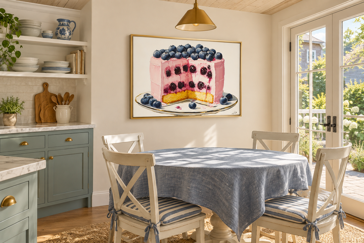Blueberry Cake Framed Canvas Wall Art hanging in a bright, modern kitchen above a dining table.