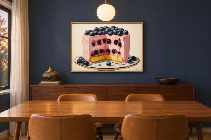 Blueberry Cake Framed Canvas Wall Art hanging in a modern dining room above a wooden sideboard.