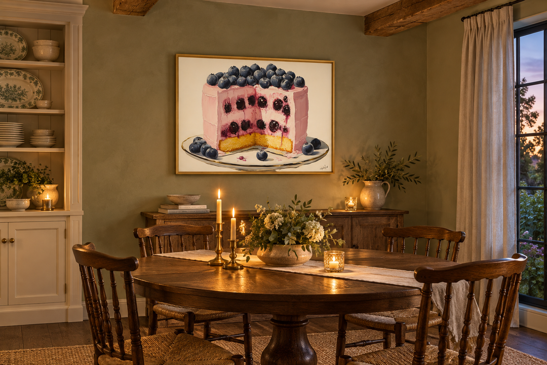 Blueberry Cake Framed Canvas Wall Art hanging in a rustic dining room with a wooden table.