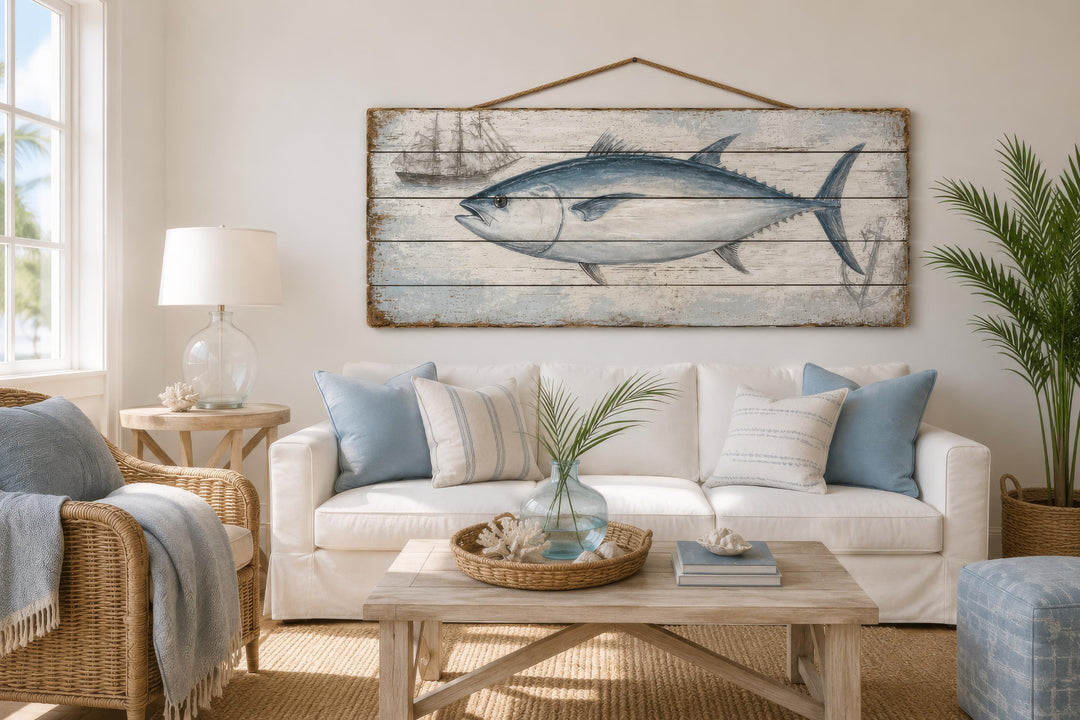 Bluefin tuna wall art on distressed wood planks with a nautical ship and anchor design.