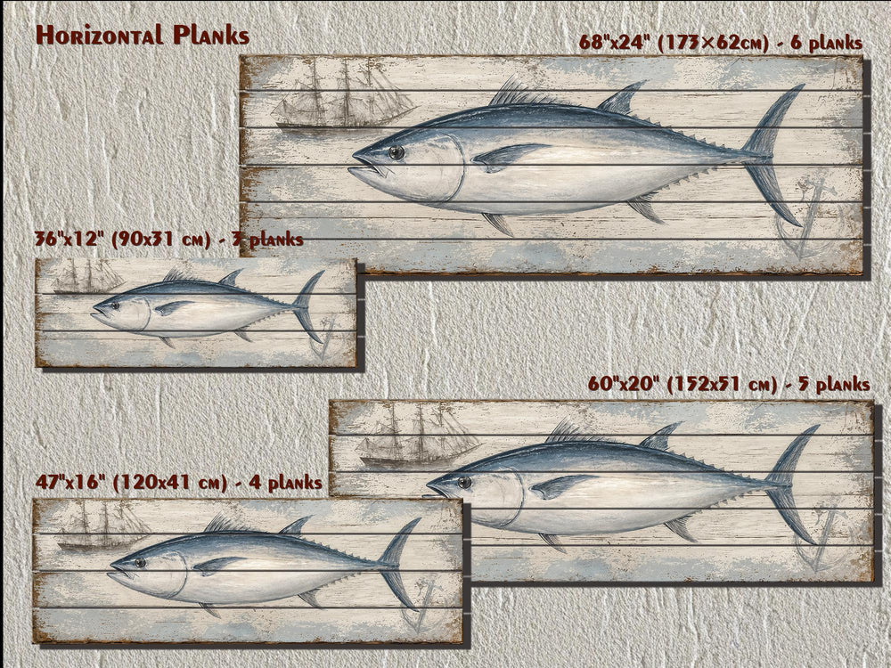 Bluefin tuna illustration on distressed horizontal wood planks in four different sizes.