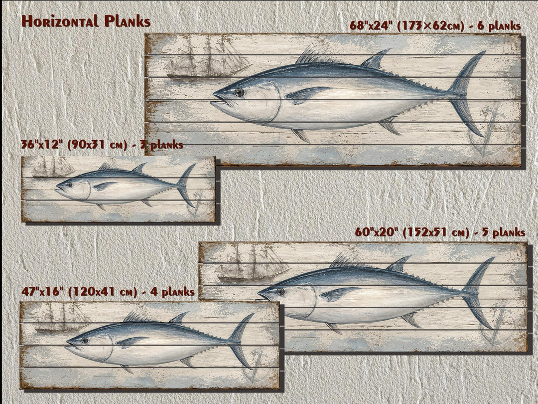 Bluefin tuna illustration on distressed horizontal wood planks in four different sizes.