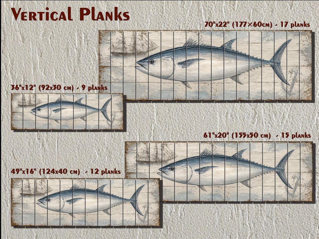 Bluefin tuna illustration on distressed vertical wood planks in four available sizes.