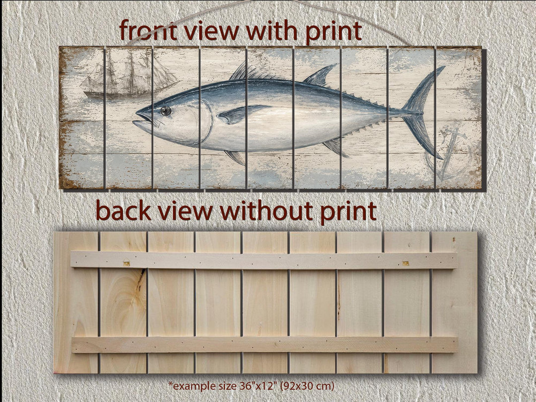 Front and back views of a bluefin tuna illustration printed on distressed horizontal wood planks.