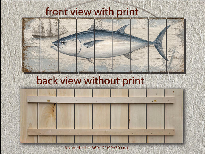 Front and back views of a bluefin tuna illustration printed on distressed horizontal wood planks.