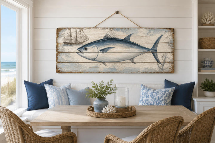 Bluefin tuna illustration on a distressed wood plank wall art piece in a coastal dining nook.