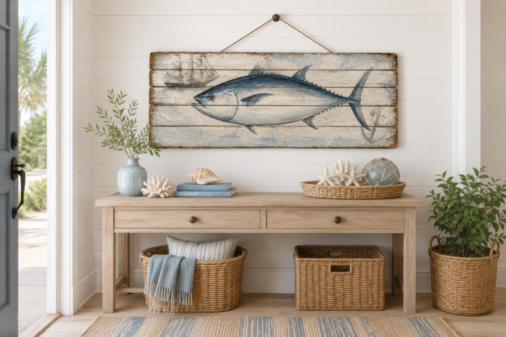 Bluefin tuna illustration on a distressed wood plank with a nautical ship and anchor detail.