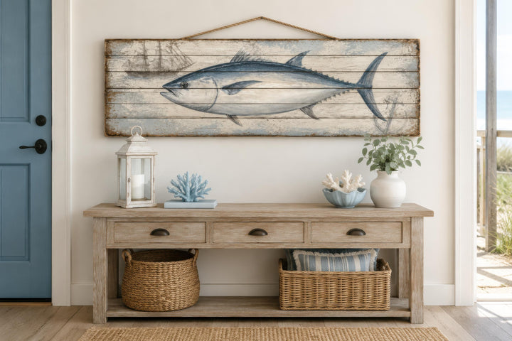 Bluefin tuna wall art on distressed wood planks with a nautical ship and anchor detail.