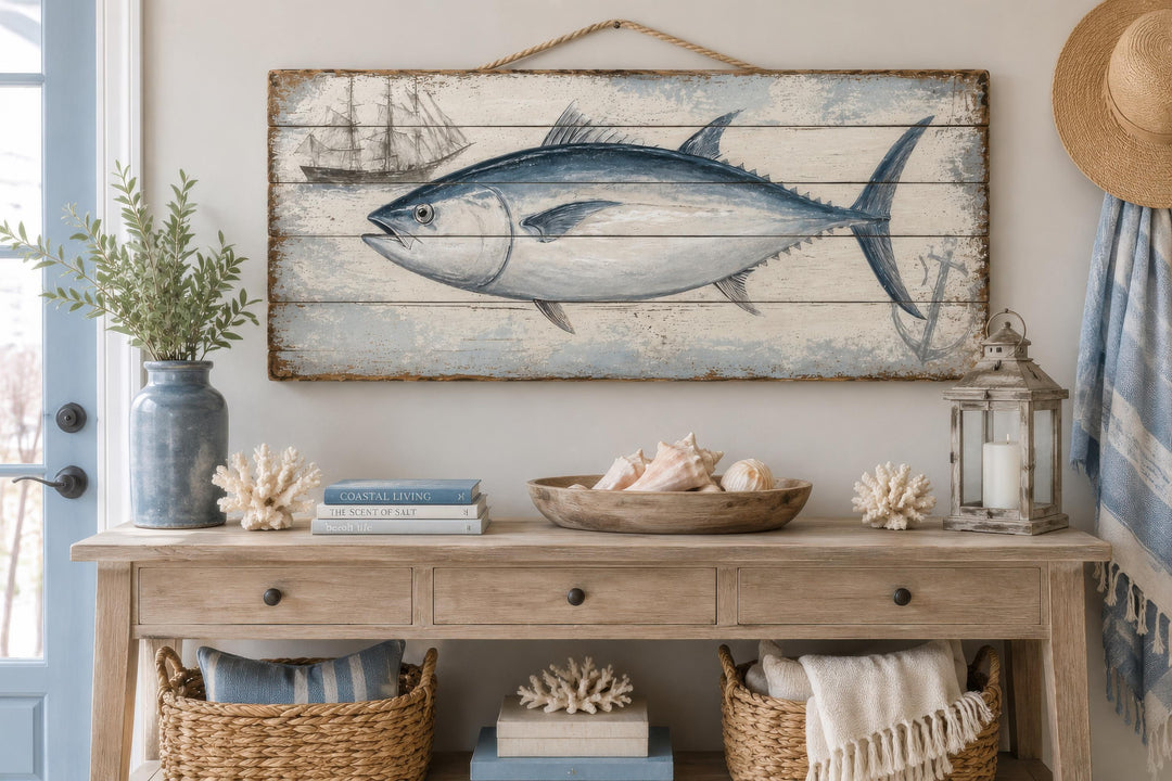 Bluefin tuna illustration on a distressed wood plank with a nautical ship and anchor detail.